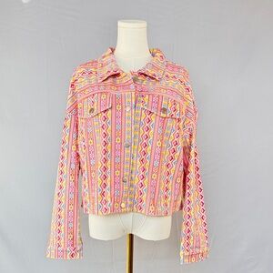 Savanna Jane Pink and Yellow Geometric Jean Jacket with Fringe Embellishments